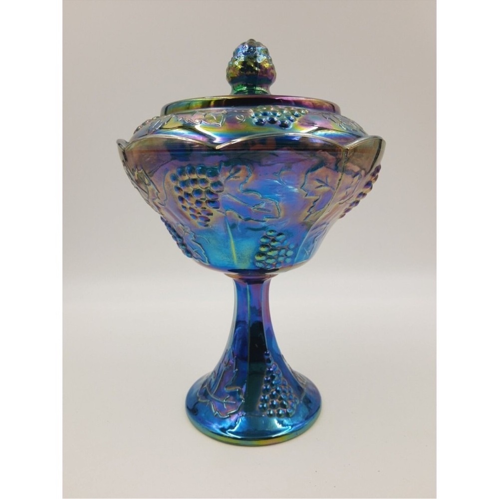 Indiana Glass Harvest Grape Blue Carnival Wedding Bowl/Candy Dish W/Lid Vintage